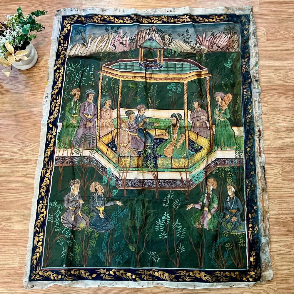 Large Old Vintage Persian Painting On Silk | READ DESCRIPTION